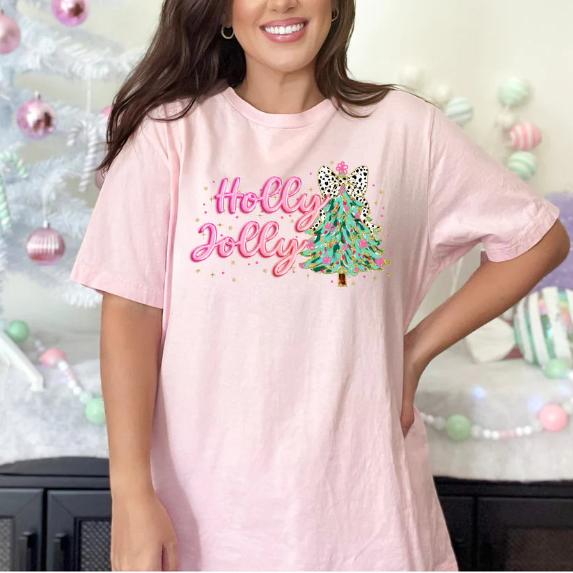 Pink Holly Jolly Tee or Sweatshirt