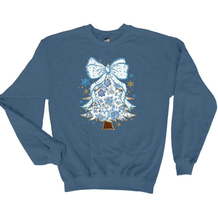 Blue Christmas Tree Bow Tee or Sweatshirt