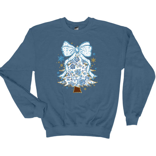 Blue Christmas Tree Bow Tee or Sweatshirt