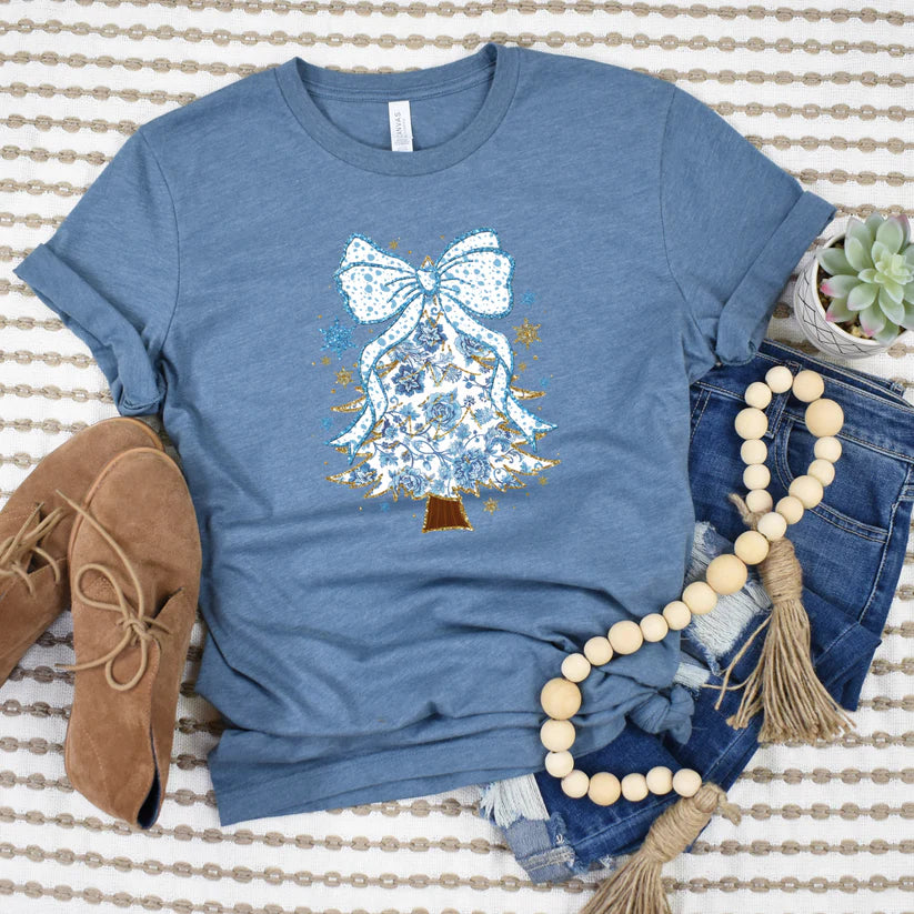 Blue Christmas Tree Bow Tee or Sweatshirt