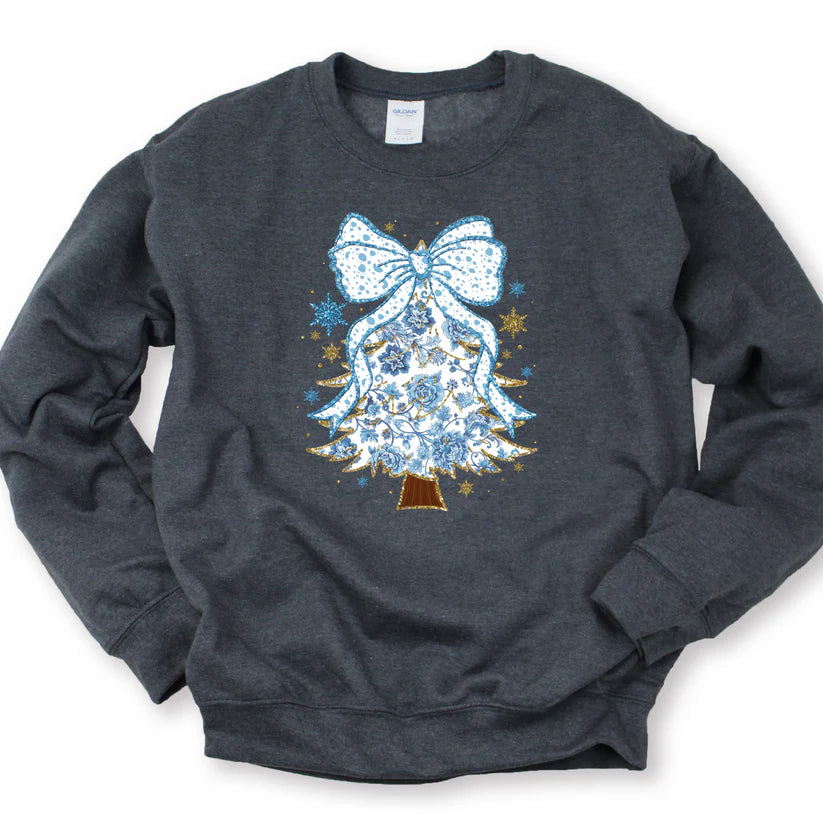 Blue Christmas Tree Bow Tee or Sweatshirt
