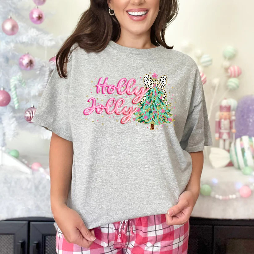 Pink Holly Jolly Tee or Sweatshirt