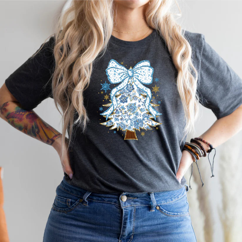Blue Christmas Tree Bow Tee or Sweatshirt